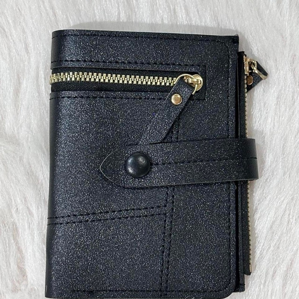 Black Sparkle Faux Leather Compact Bifold Wallet Zip Coin Purse